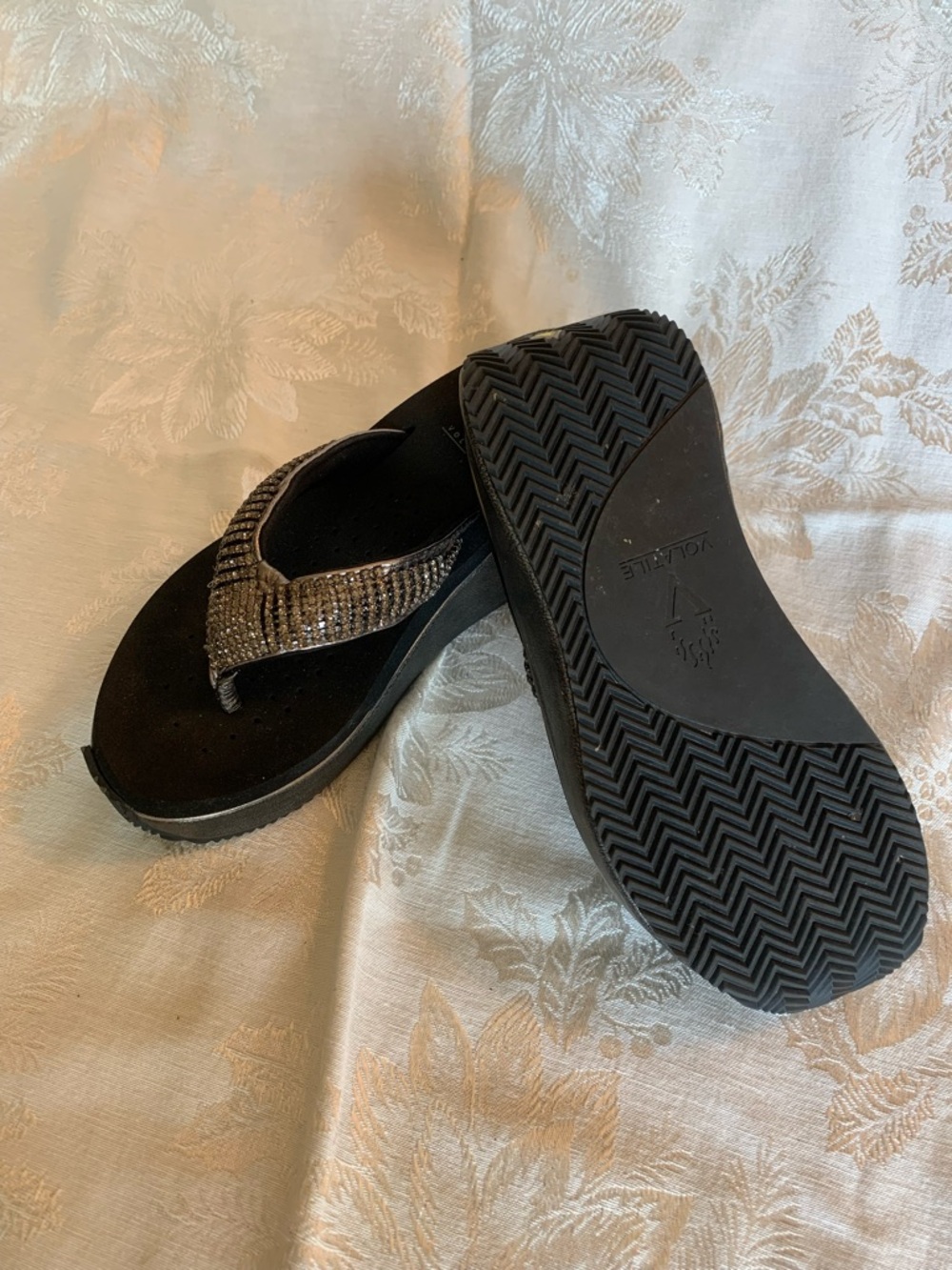 Volatile Black Platform Flip Flops with Silver Rhinestone Straps - Picture 2 of 6